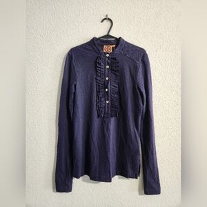 Tory Burch Lidia Long-sleeve Ruffle Polo Shirt Dark Purple size XS